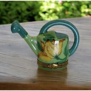 Limoges Spring Green Watering Can Porcelain Trinket Box #2 Signed Jacques France